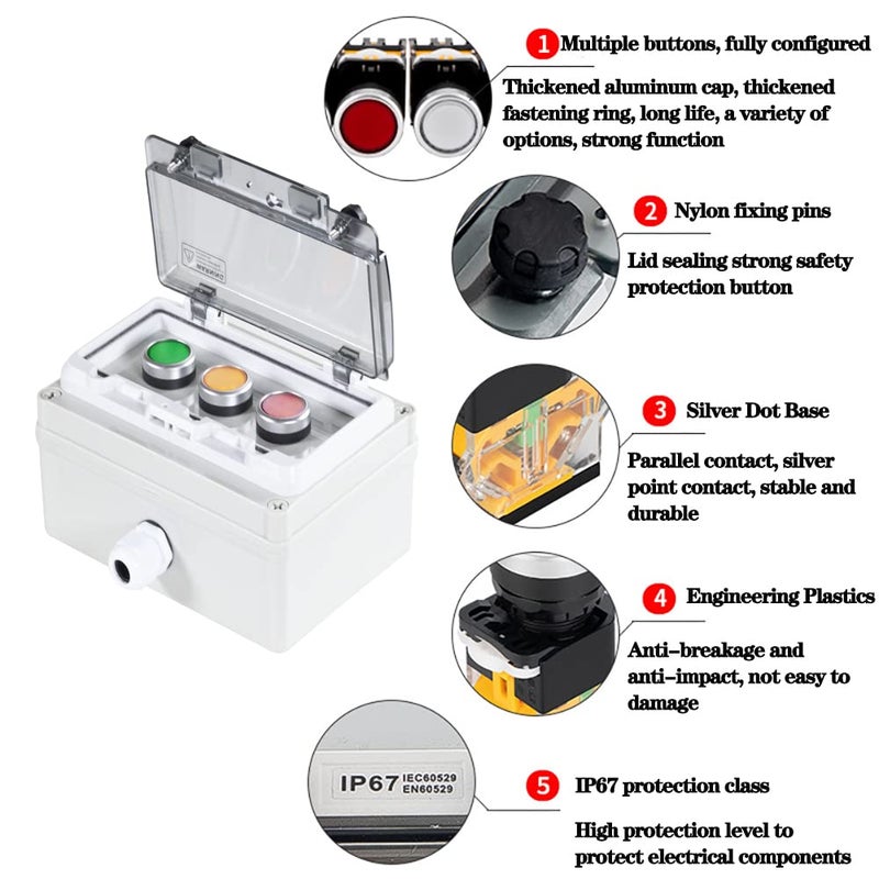 QL-LINRUN Push Button Box Ip67 with Red Green Yellow Momentary Push Button Button with Protective Cover Anti-Misoperation Switch(Ac/Dc 6a-110v/3a-240v/2.5a-380v) - Image 3